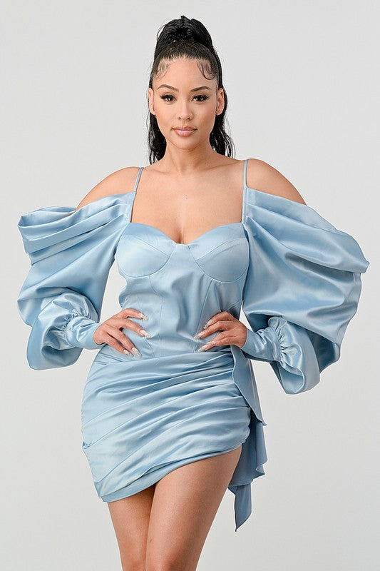 Athina Elegant Puff Shoulder Satin Mini Dress