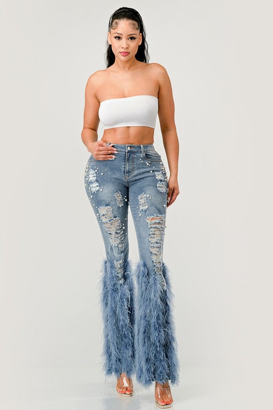 Distressed Pearl Embellished Feather Detail Jeans