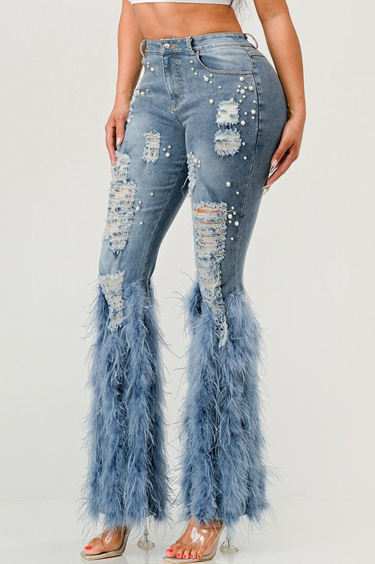 Distressed Pearl Embellished Feather Detail Jeans